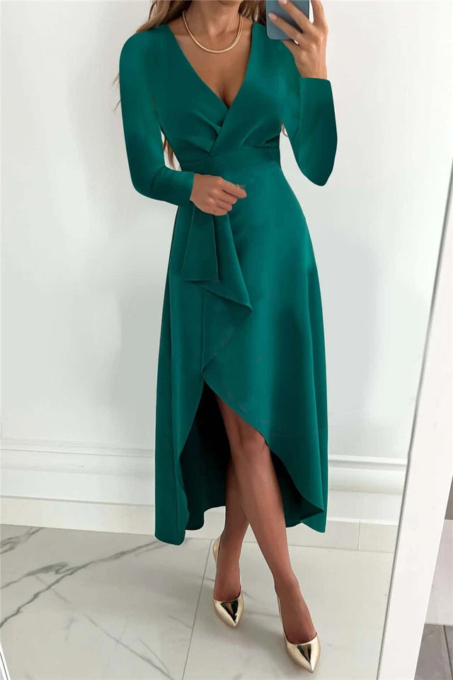 Women's Formal Dress with Wrap V-Neck | Long Sleeve
