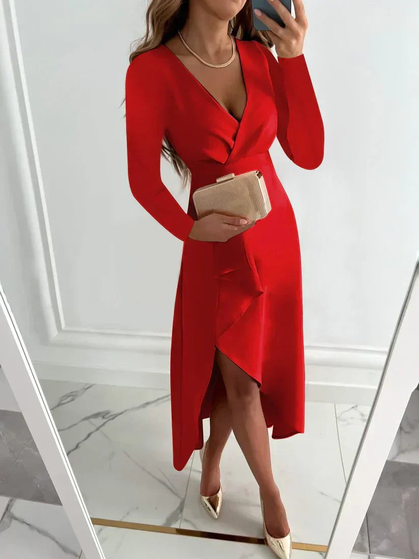Women's Formal Dress with Wrap V-Neck | Long Sleeve