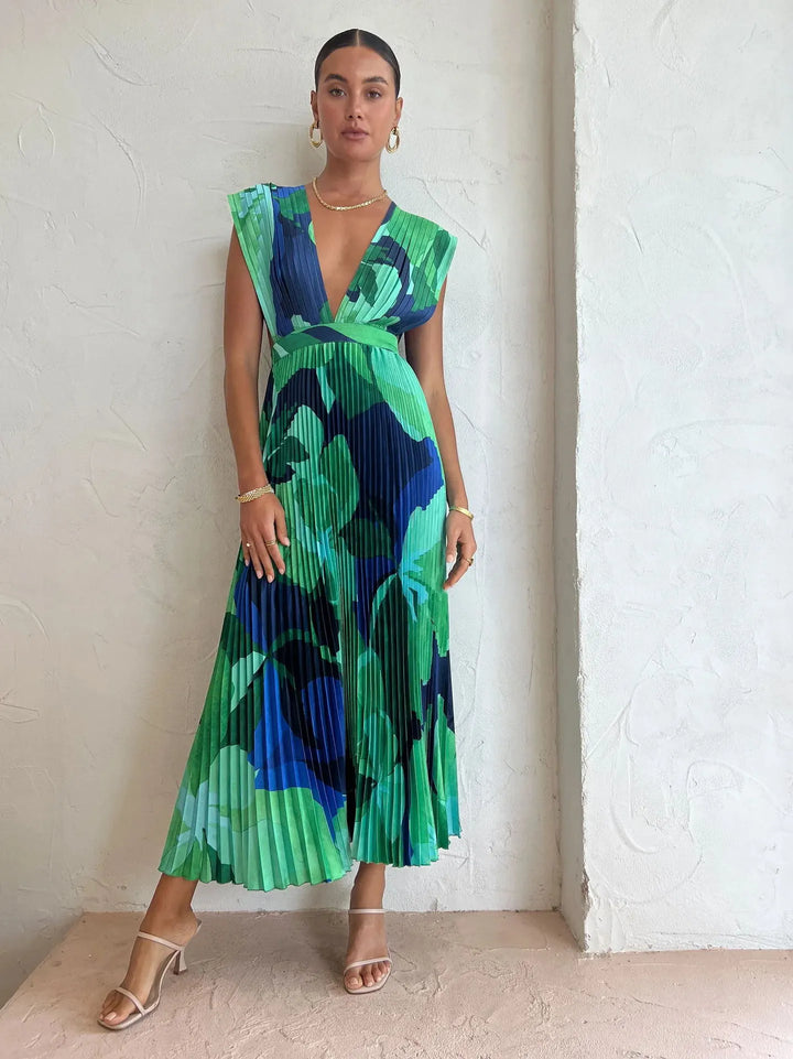 Women's Formal Sundress with Pleated Skirt | Deep V-Neck