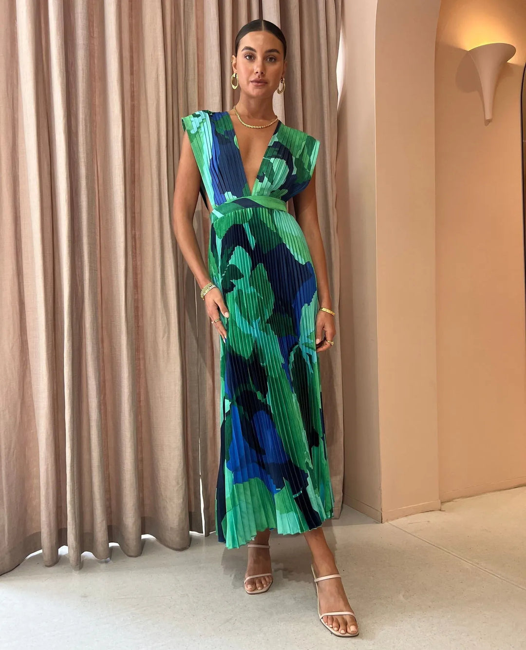 Women's Formal Sundress with Pleated Skirt | Deep V-Neck