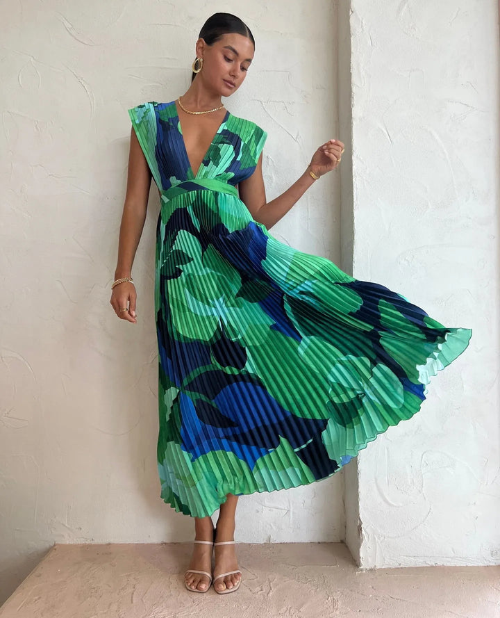 Women's Formal Sundress with Pleated Skirt | Deep V-Neck