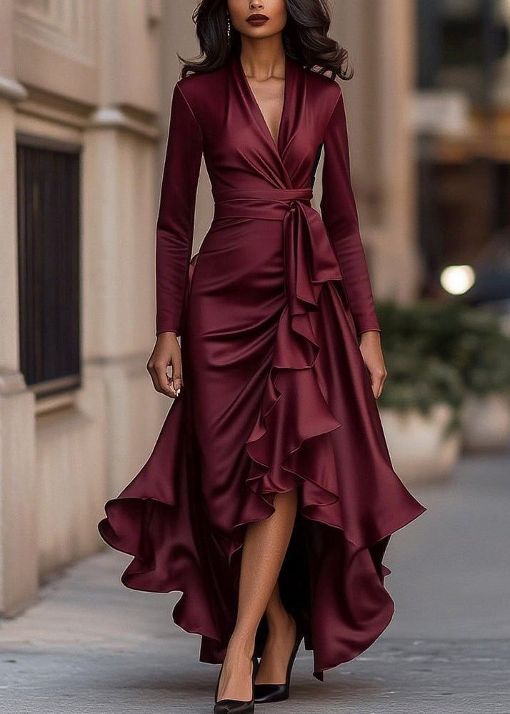 Women's Formal Wrap Dress with Ruffle | Long Sleeve