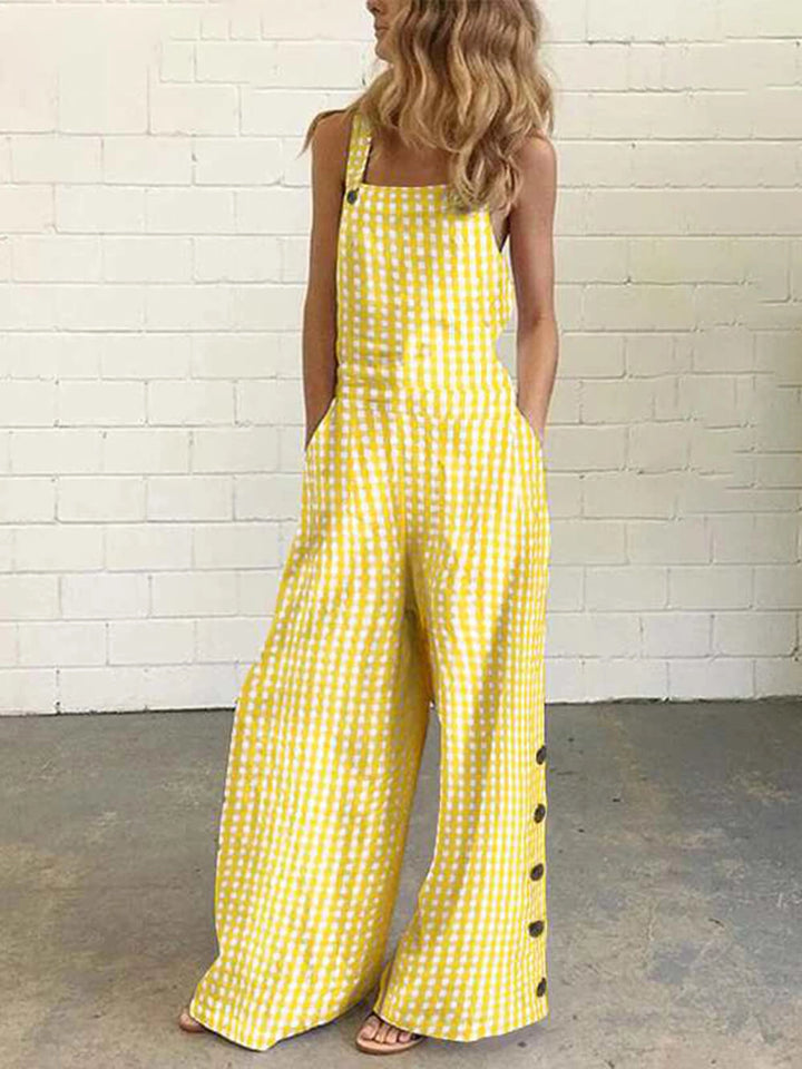 Women's Gingham Jumpsuit with Square Neck & Side Buttons | Wide Leg