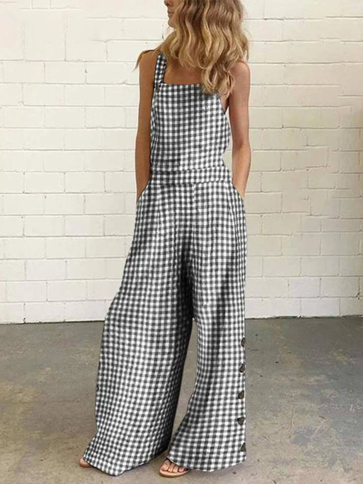Women's Gingham Jumpsuit with Square Neck & Side Buttons | Wide Leg
