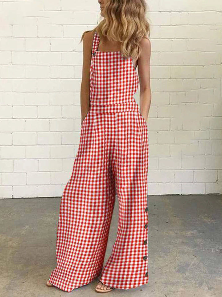 Women's Gingham Jumpsuit with Square Neck & Side Buttons | Wide Leg
