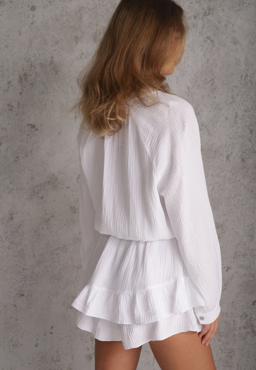 Women's Graduation Dress Tie Front Long Sleeve | Ruffle Mini