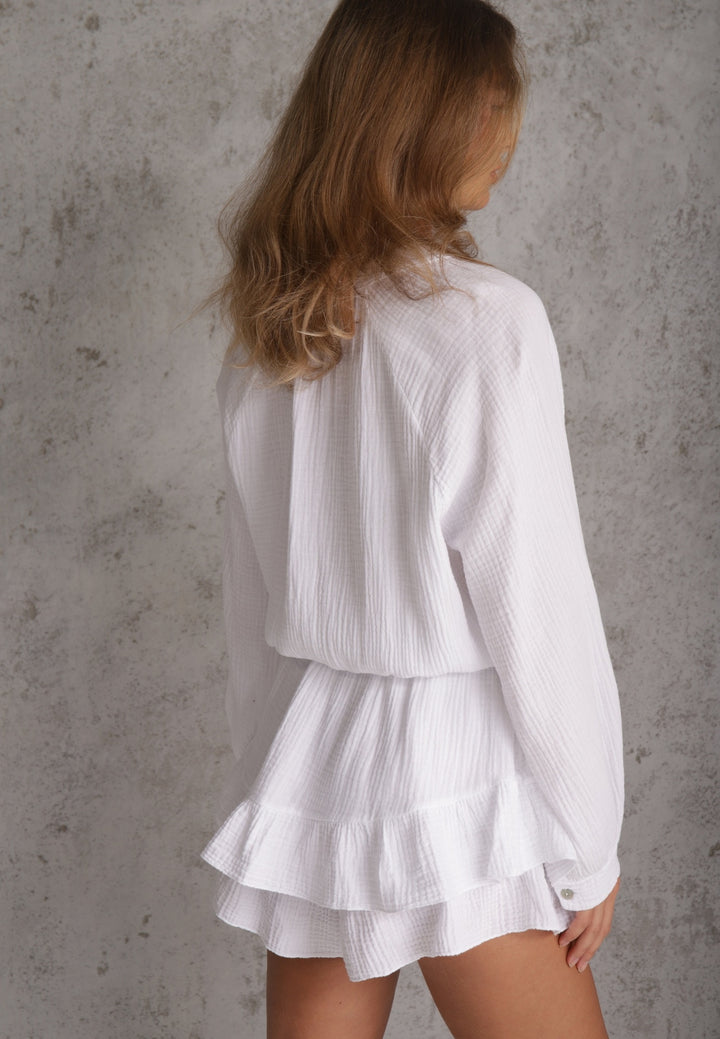 Women's Graduation Dress Tie Front Long Sleeve | Ruffle Mini