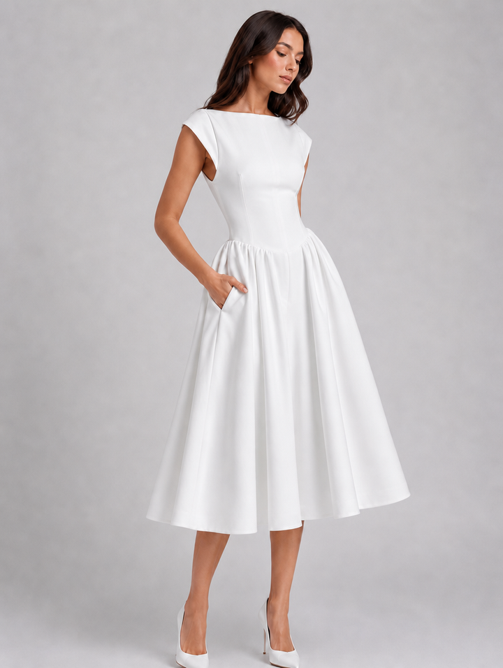 Women's Graduation Dress with Boat Neck & Open Back | Midi