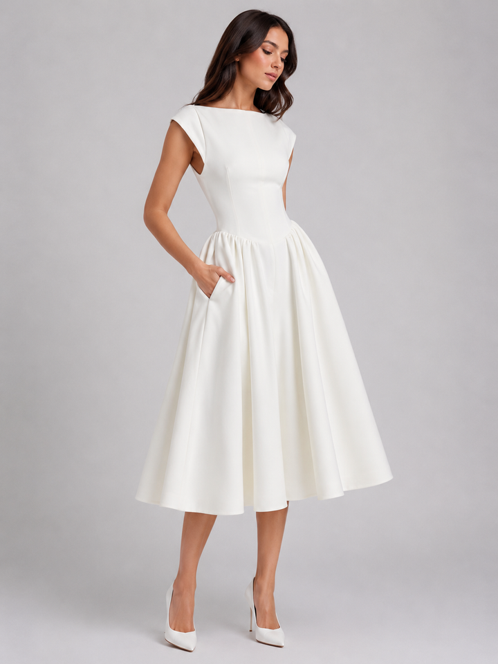 Women's Graduation Dress with Boat Neck & Open Back | Midi