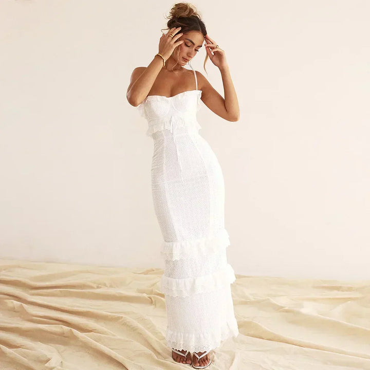 Women's Graduation Dress with Corset Tie & Ruffles | Tiered Maxi