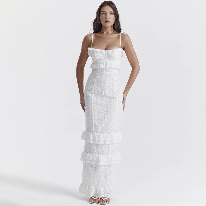 Women's Graduation Dress with Corset Tie & Ruffles | Tiered Maxi