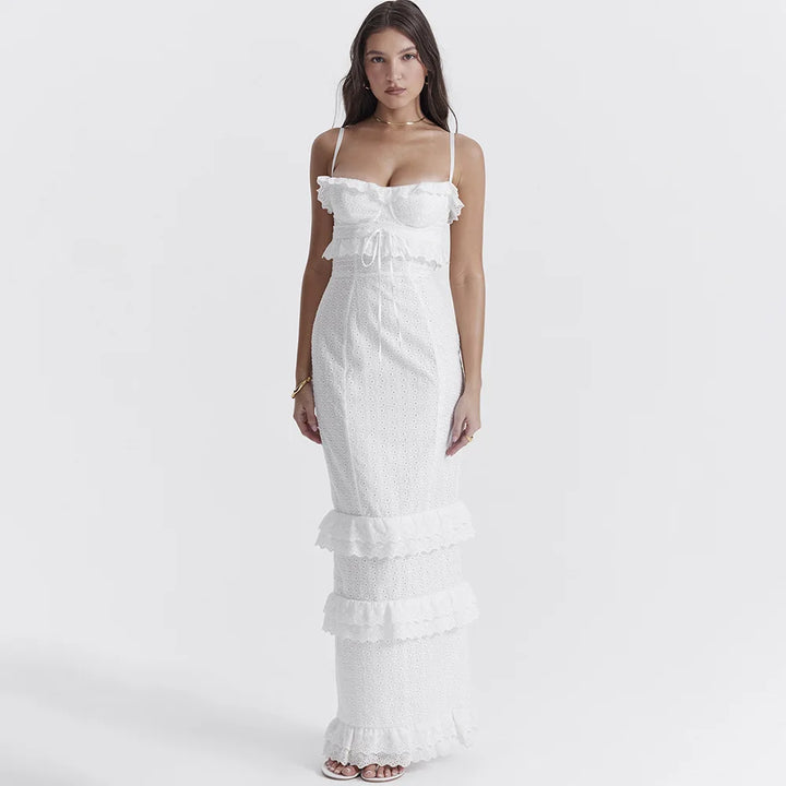 Women's Graduation Dress with Corset Tie & Ruffles | Tiered Maxi
