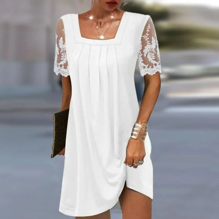 Women's Graduation Dress with Sheer Sleeve & Square Neck | Mini