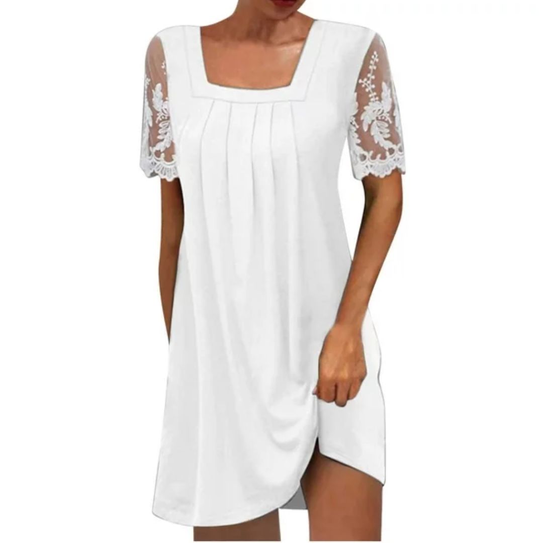 Women's Graduation Dress with Sheer Sleeve & Square Neck | Mini