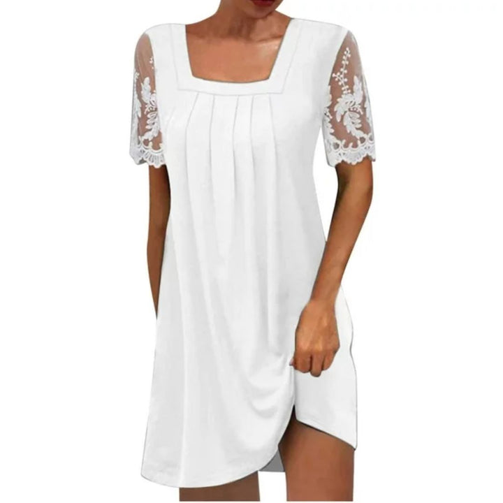 Women's Graduation Dress with Sheer Sleeve & Square Neck | Mini