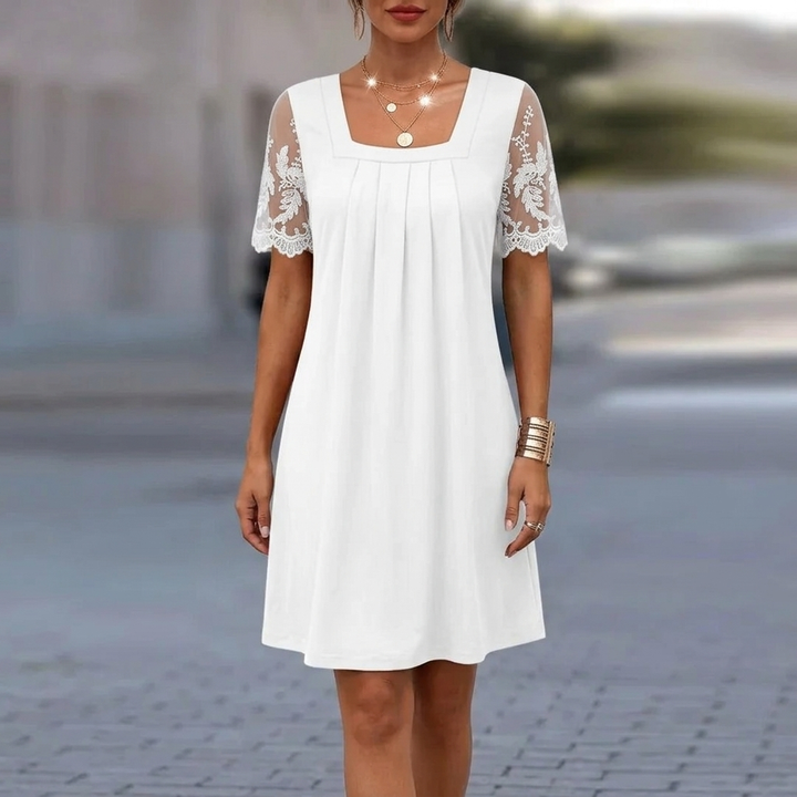 Women's Graduation Dress with Sheer Sleeve & Square Neck | Mini