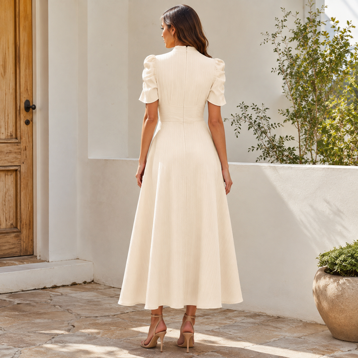 Women’s Graduation Dress with V-Neck & Puff Sleeves | Midi
