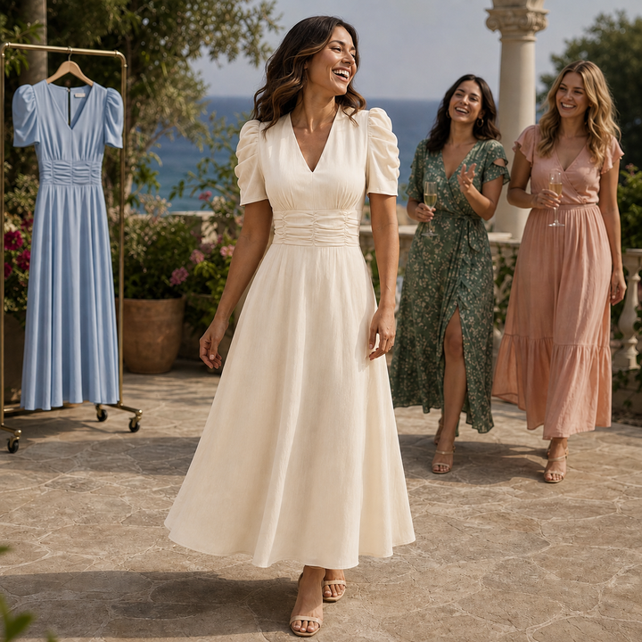 Women’s Graduation Dress with V-Neck & Puff Sleeves | Midi