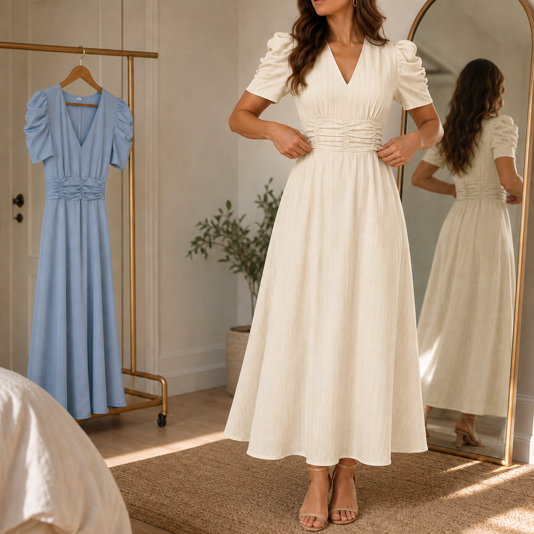 Women’s Graduation Dress with V-Neck & Puff Sleeves | Midi