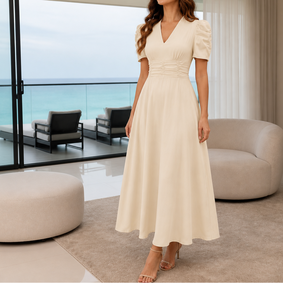Women’s Graduation Dress with V-Neck & Puff Sleeves | Midi