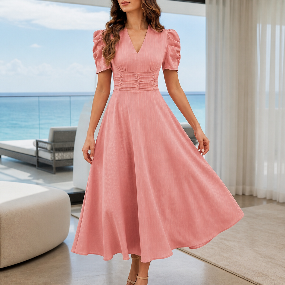Women’s Graduation Dress with V-Neck & Puff Sleeves | Midi