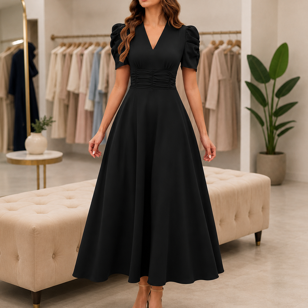 Women’s Graduation Dress with V-Neck & Puff Sleeves | Midi