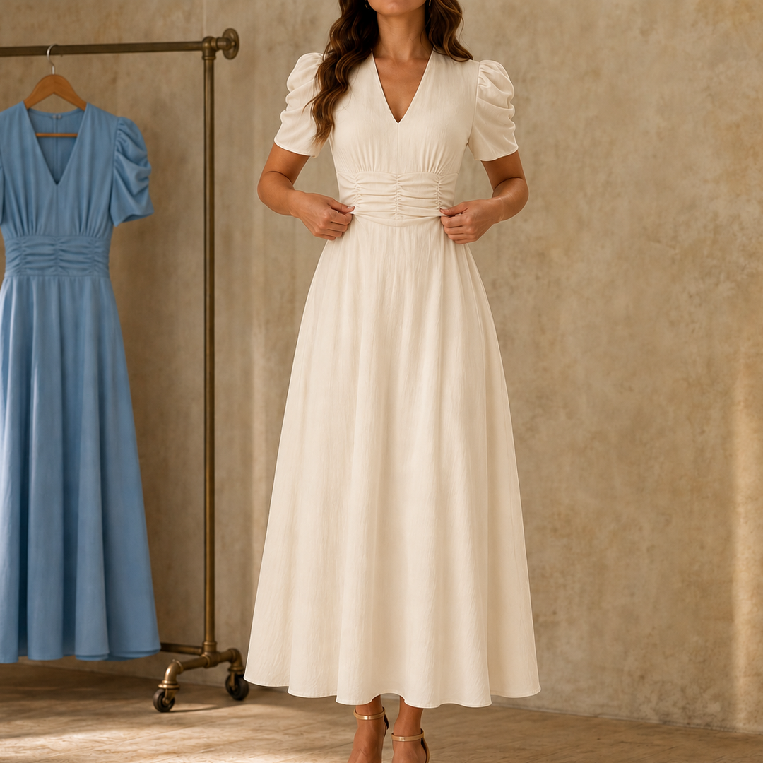 Women’s Graduation Dress with V-Neck & Puff Sleeves | Midi