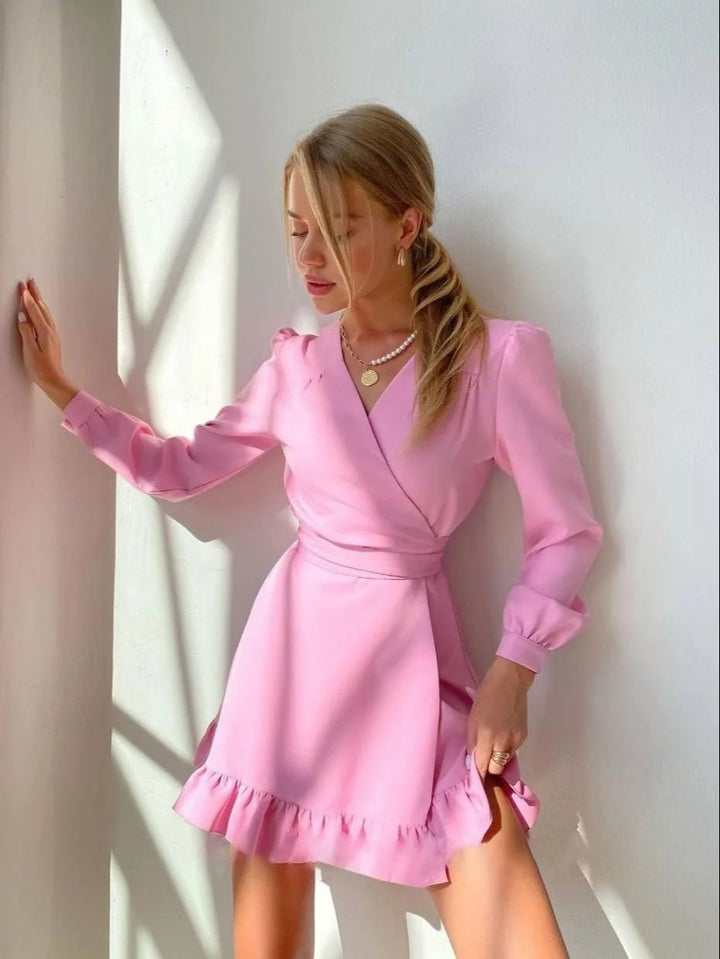 Women's Graduation Dress Wrap Long Sleeve | Ruffle Mini