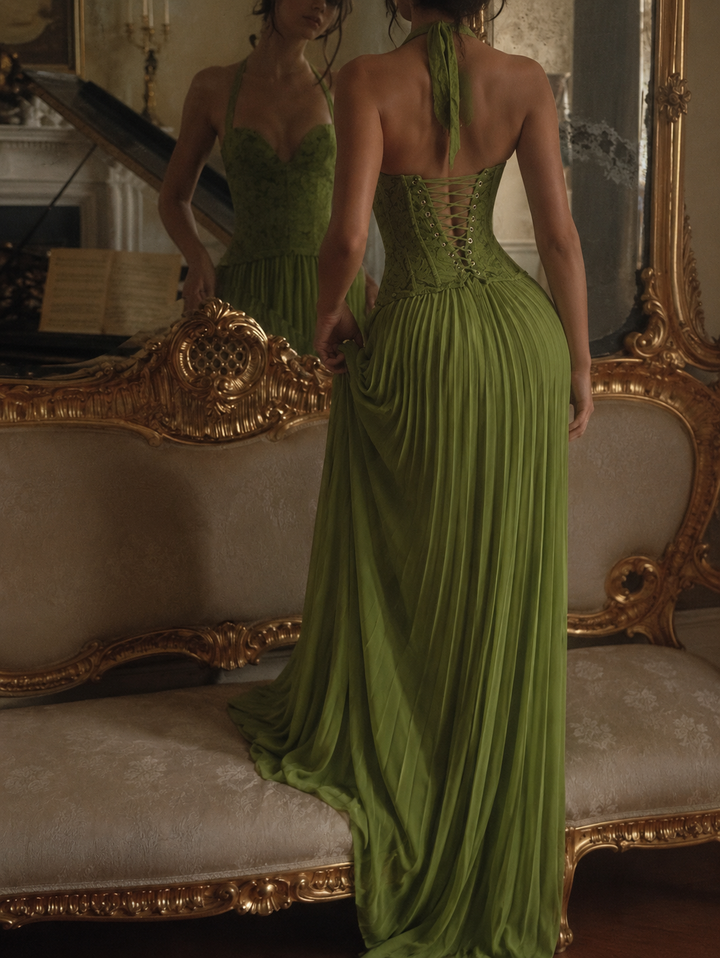 Women's Halter Neck Dress Corset with Lace Up Back | Maxi