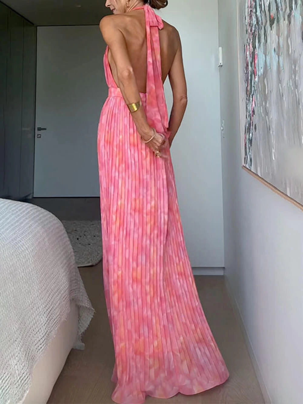 Women's Halter Neck Dress Pleated with Open Back | Maxi