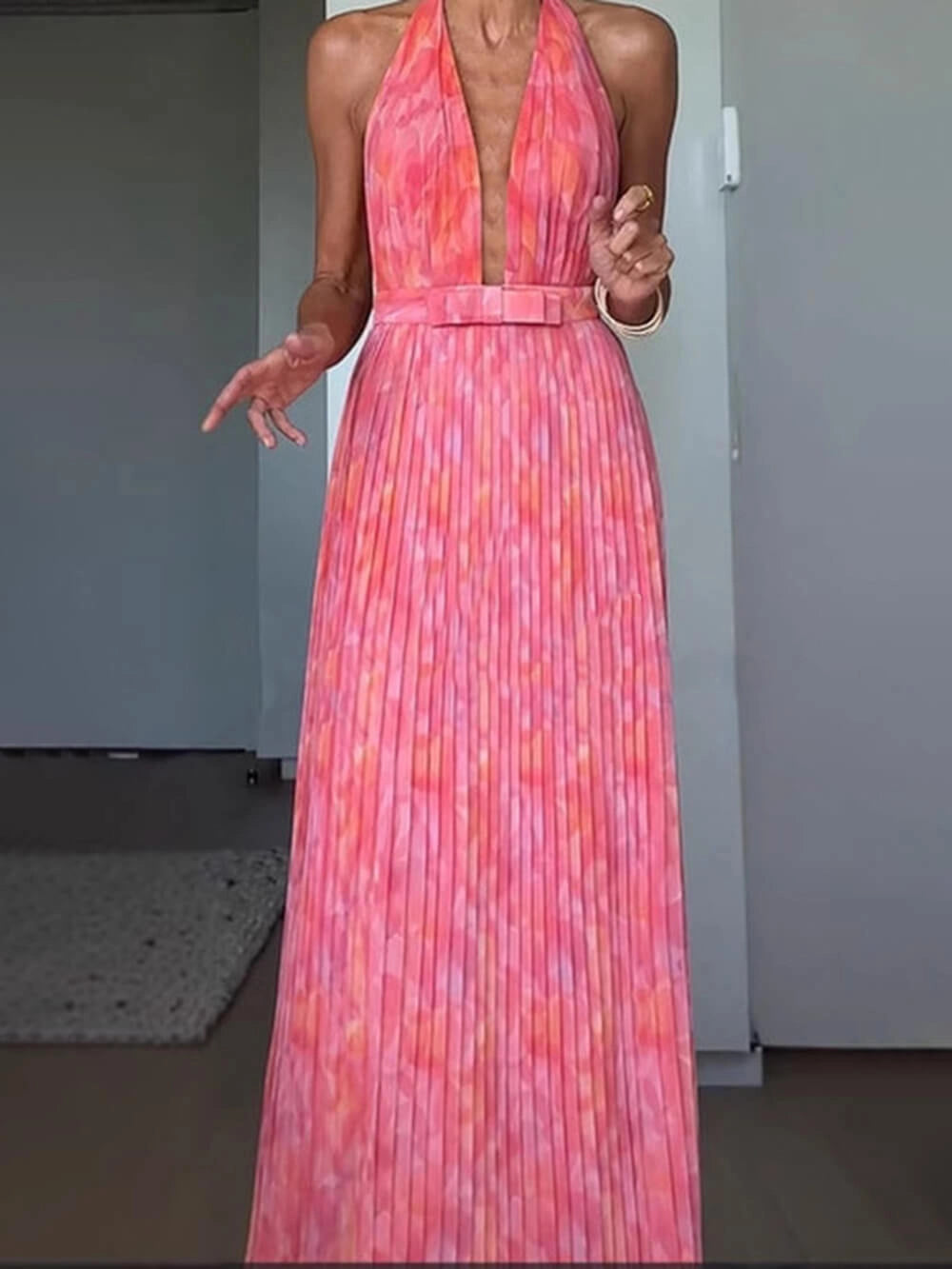 Women's Halter Neck Dress Pleated with Open Back | Maxi
