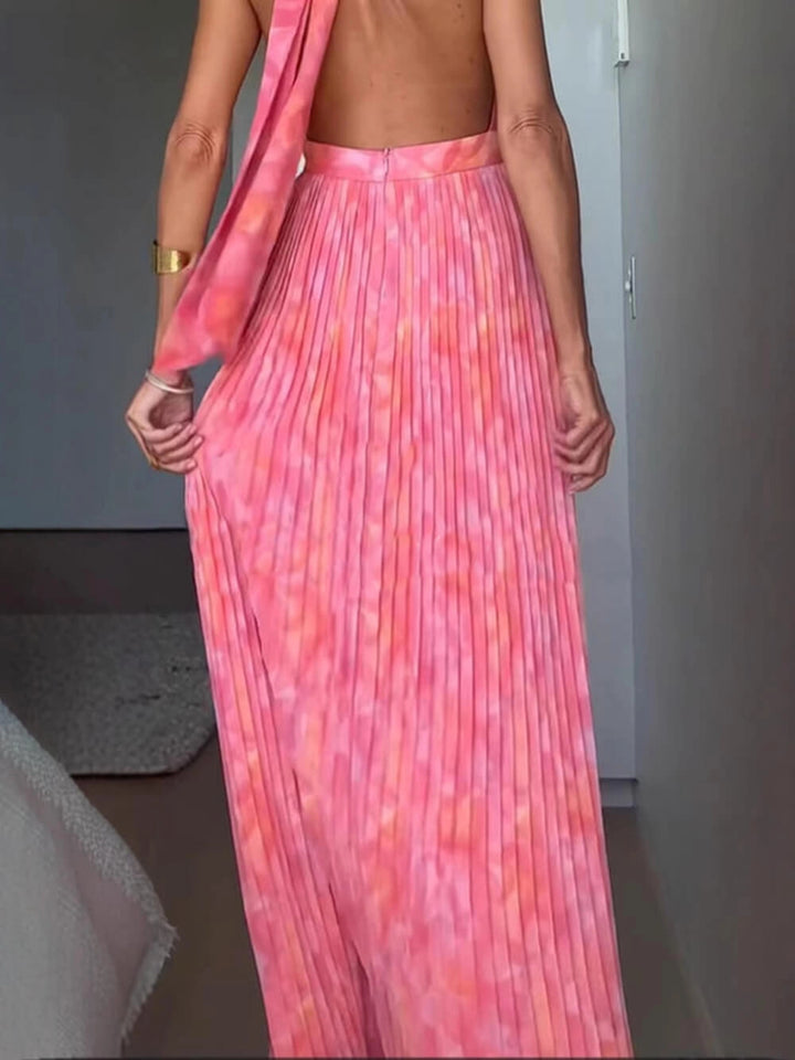 Women's Halter Neck Dress Pleated with Open Back | Maxi