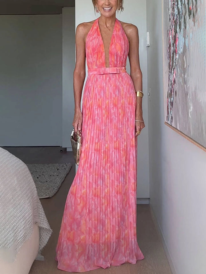 Women's Halter Neck Dress Pleated with Open Back | Maxi
