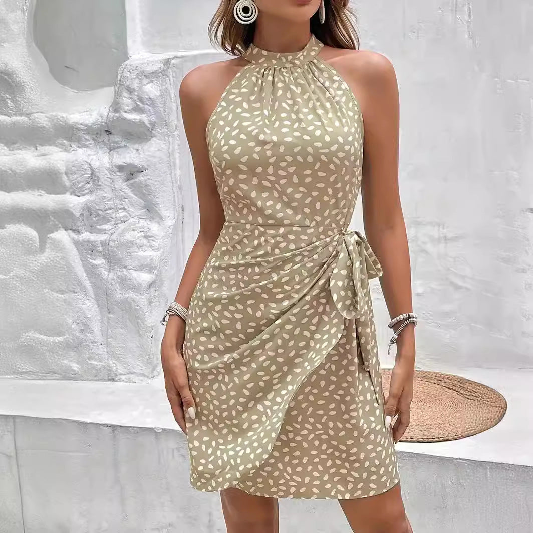 Women's Halter Neck Dress Printed with Tie Waist | Mini