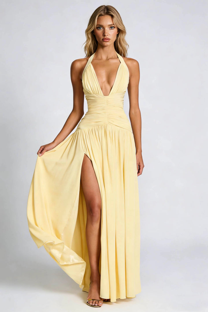 Women's Halter Neck Dress Ruched with Thigh Slit | Evening
