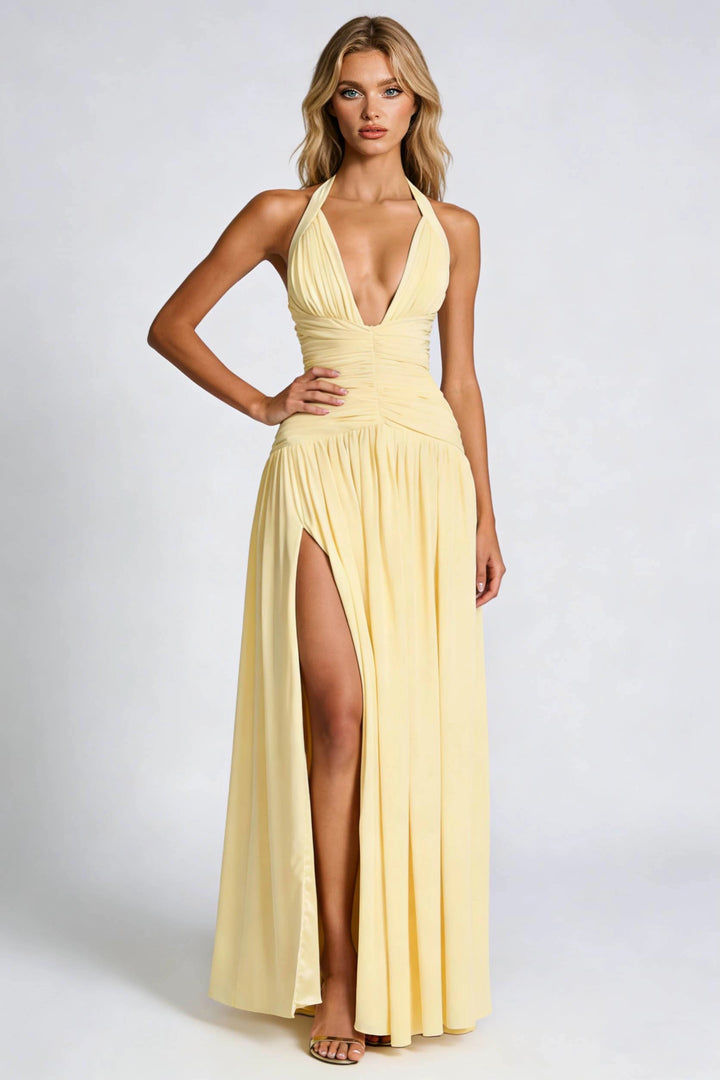 Women's Halter Neck Dress Ruched with Thigh Slit | Evening