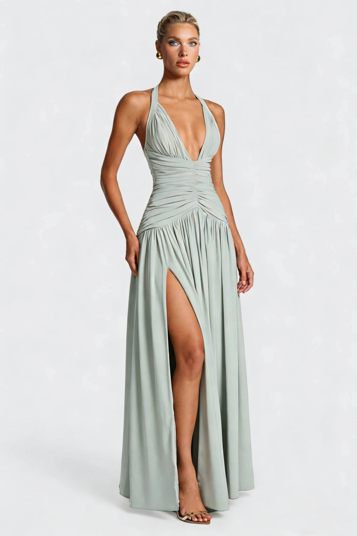 Women's Halter Neck Dress Ruched with Thigh Slit | Evening