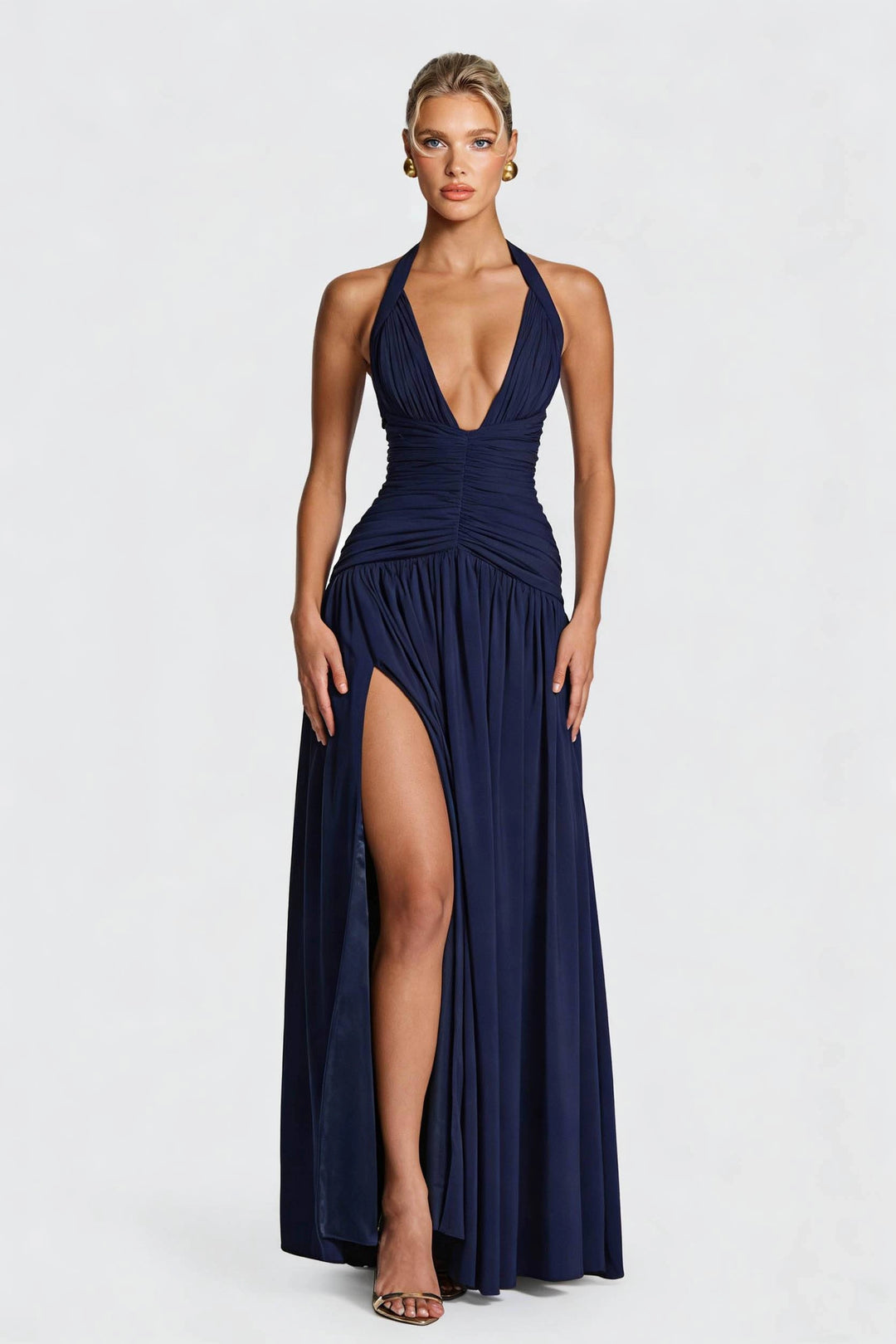 Women's Halter Neck Dress Ruched with Thigh Slit | Evening