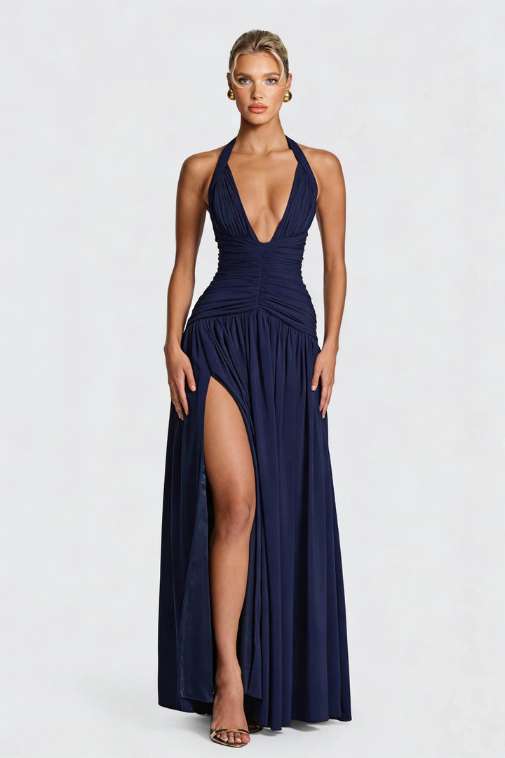 Women's Halter Neck Dress Ruched with Thigh Slit | Evening