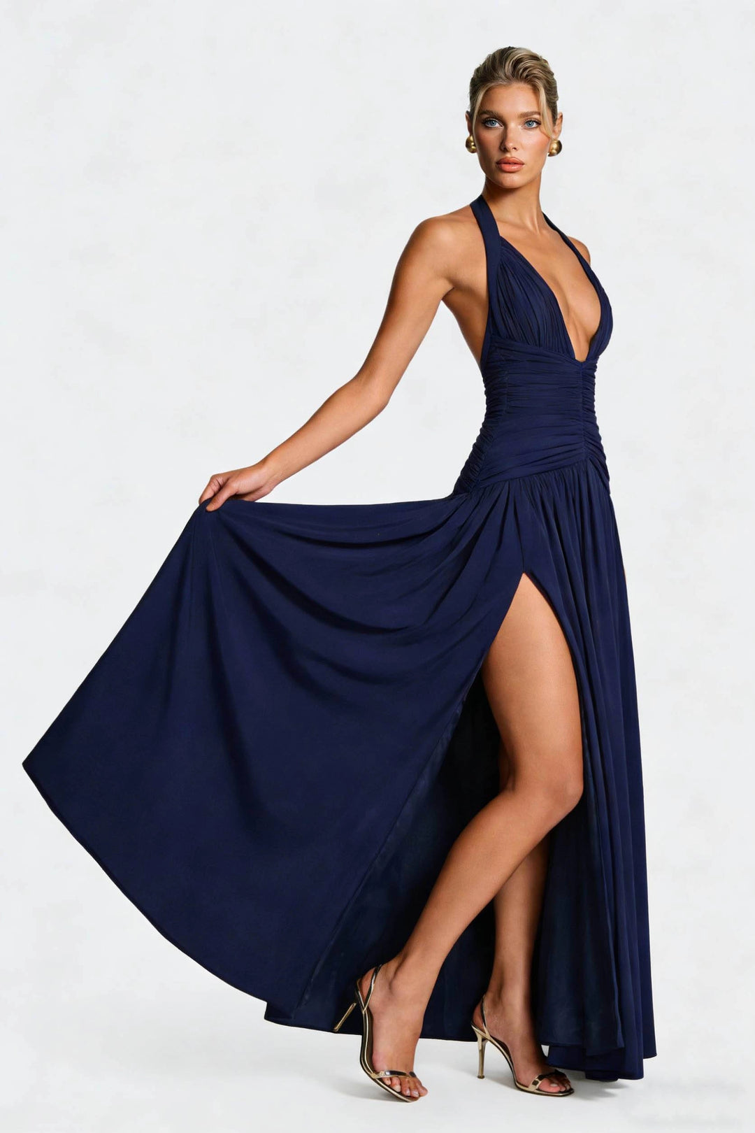 Women's Halter Neck Dress Ruched with Thigh Slit | Evening