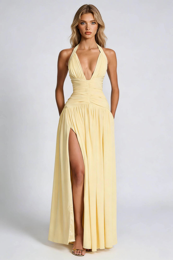 Women's Halter Neck Dress Ruched with Thigh Slit | Evening