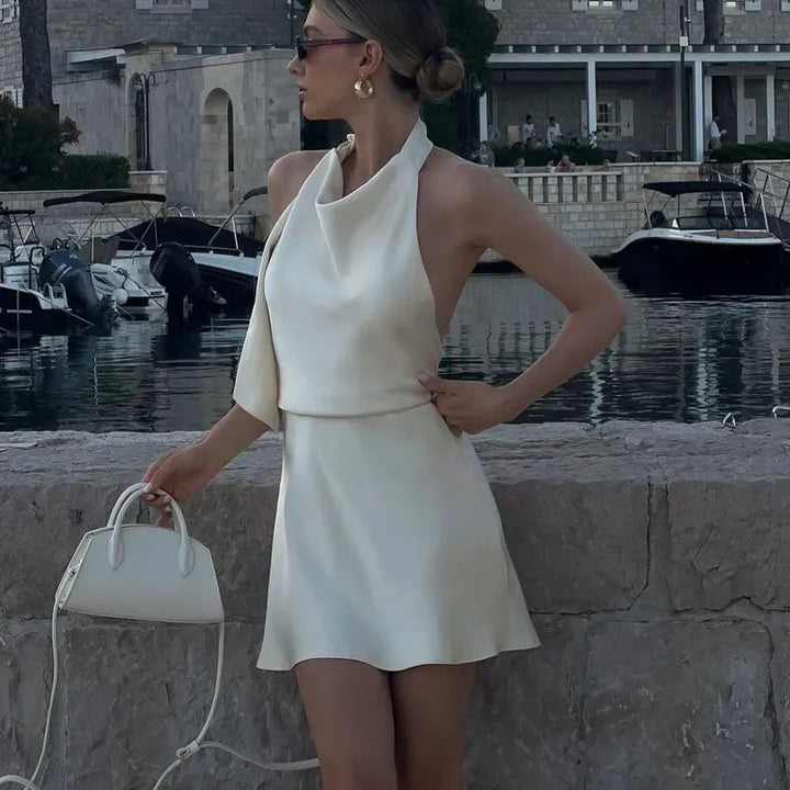 Women's Halter Neck Dress with Cowl & Open Back | Mini