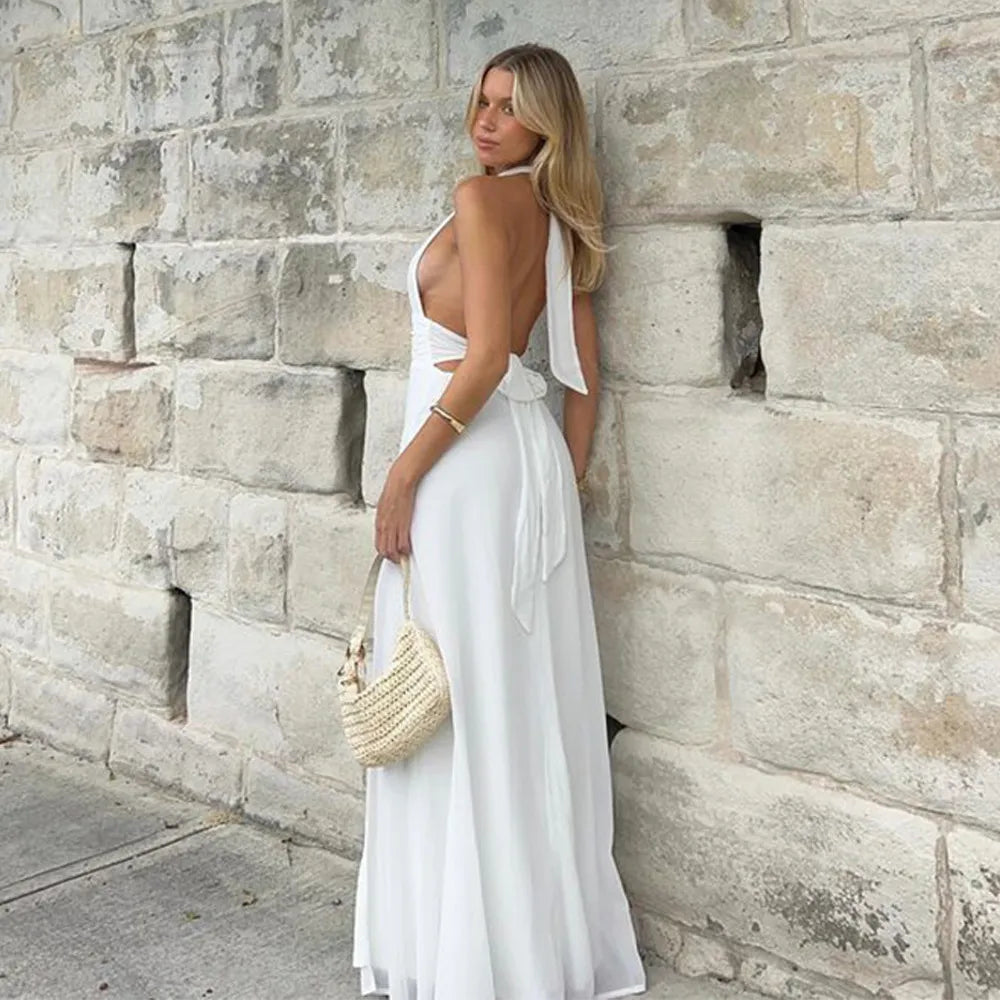 Women's Halter Neck Evening Dress with Cutout & Slit | Maxi