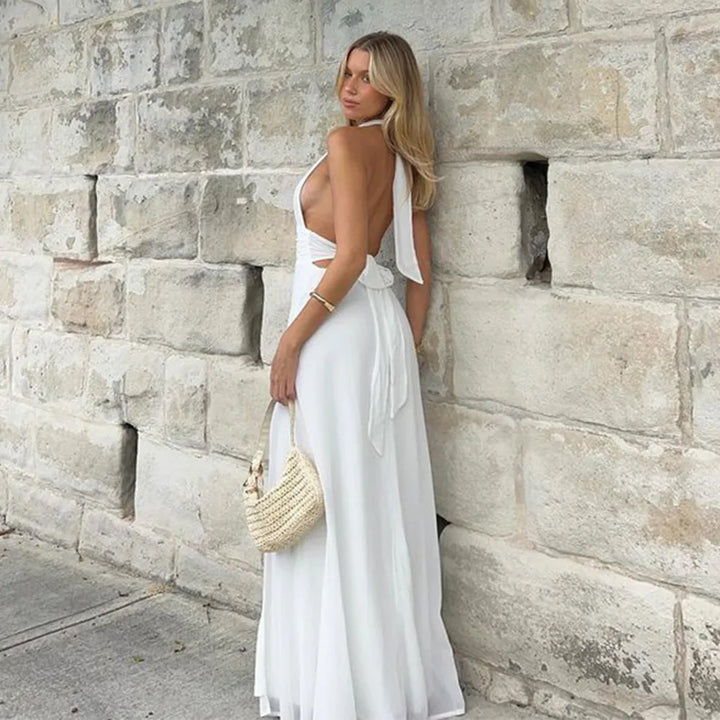 Women's Halter Neck Evening Dress with Cutout & Slit | Maxi