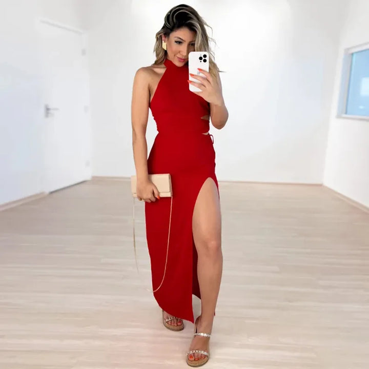 Women's Halter Neck Evening Dress with Cutout & Slit | Maxi