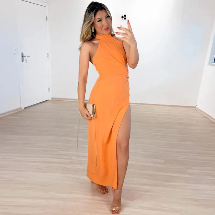 Women's Halter Neck Evening Dress with Cutout & Slit | Maxi