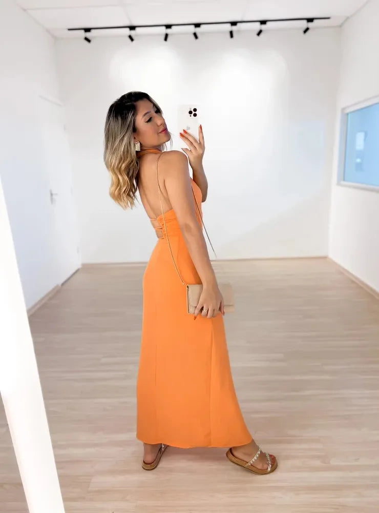 Women's Halter Neck Evening Dress with Cutout & Slit | Maxi