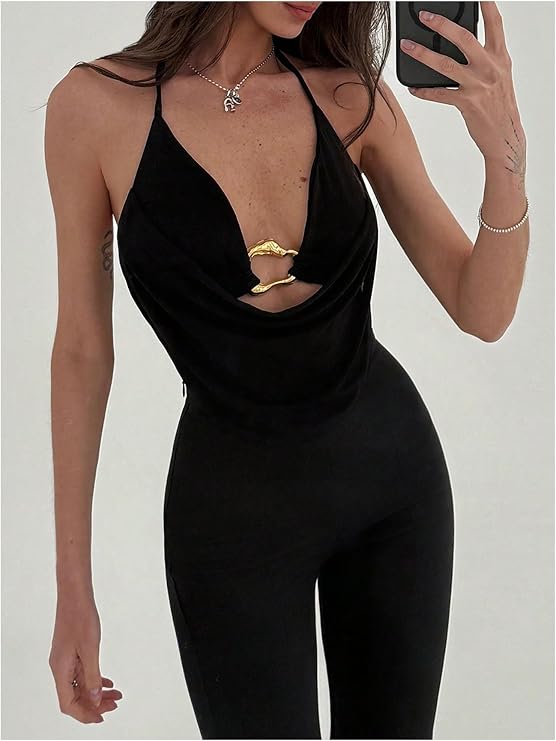 Women's Halter Top Black with Cowl-Neckline | Draped