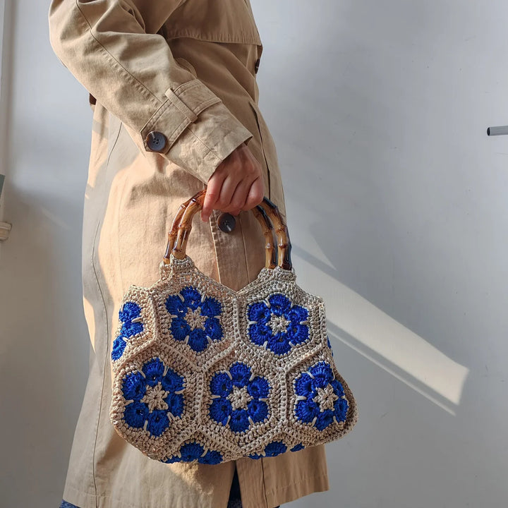 Women's Handbag with Floral Crochet | Bamboo Handle