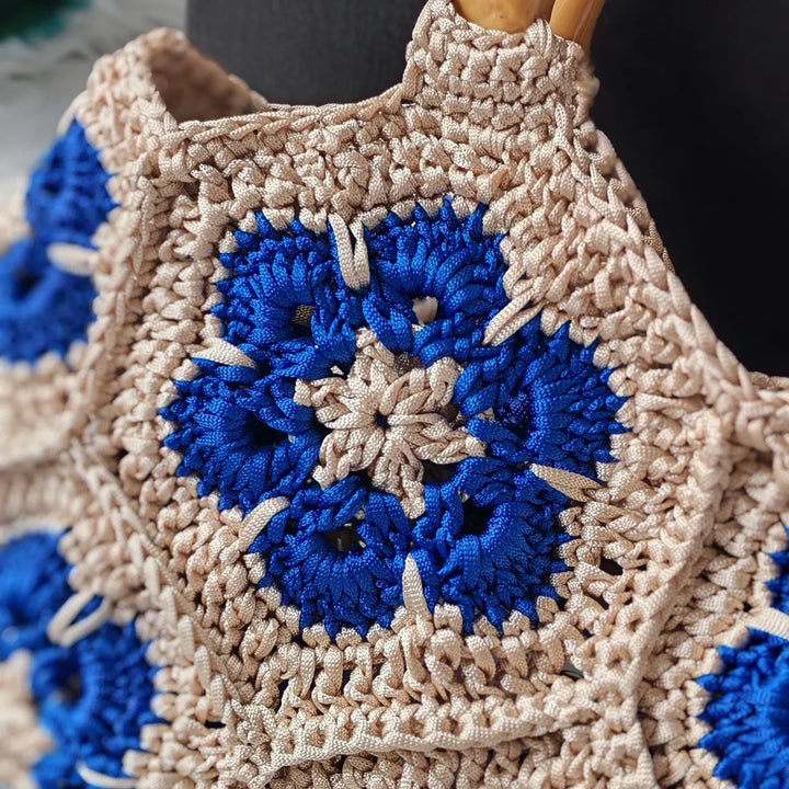 Women's Handbag with Floral Crochet | Bamboo Handle